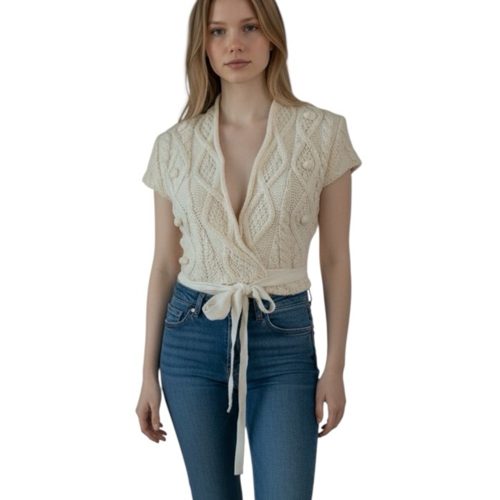 FREE PEOPLE Ivory Short Sleeve Wrap Sweater